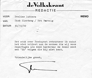 afwijzingsbriefje van de Volkskrant